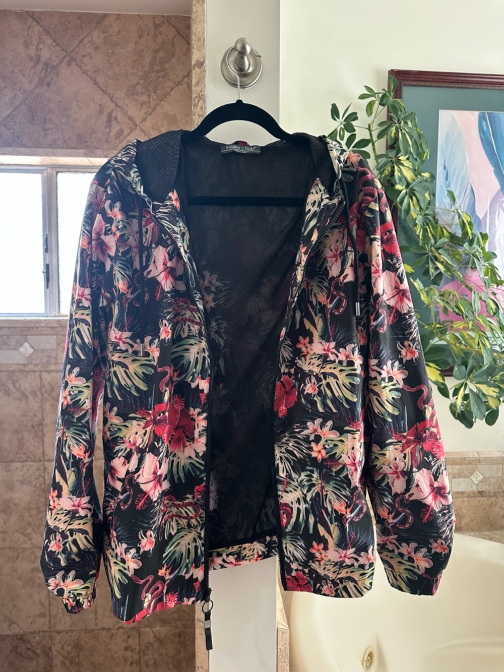 Paisley & Gray Black Hoodie Windbreaker Rain Jacket with Tropical Island Print - Picture 8 of 11